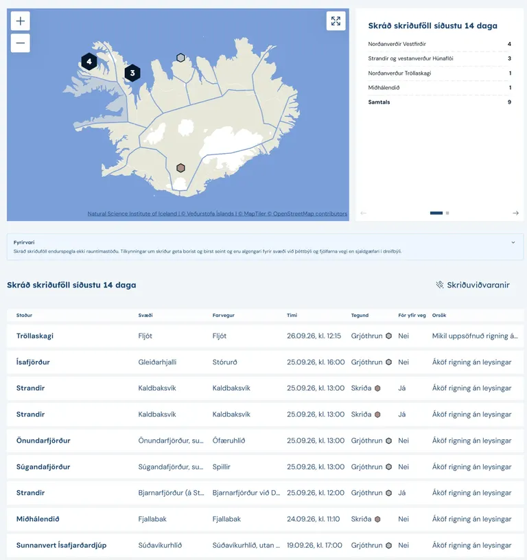 Skjáskot af vefsíðu sem sýnir kort með skráðum skriðuföllum síðustu 14 daga.